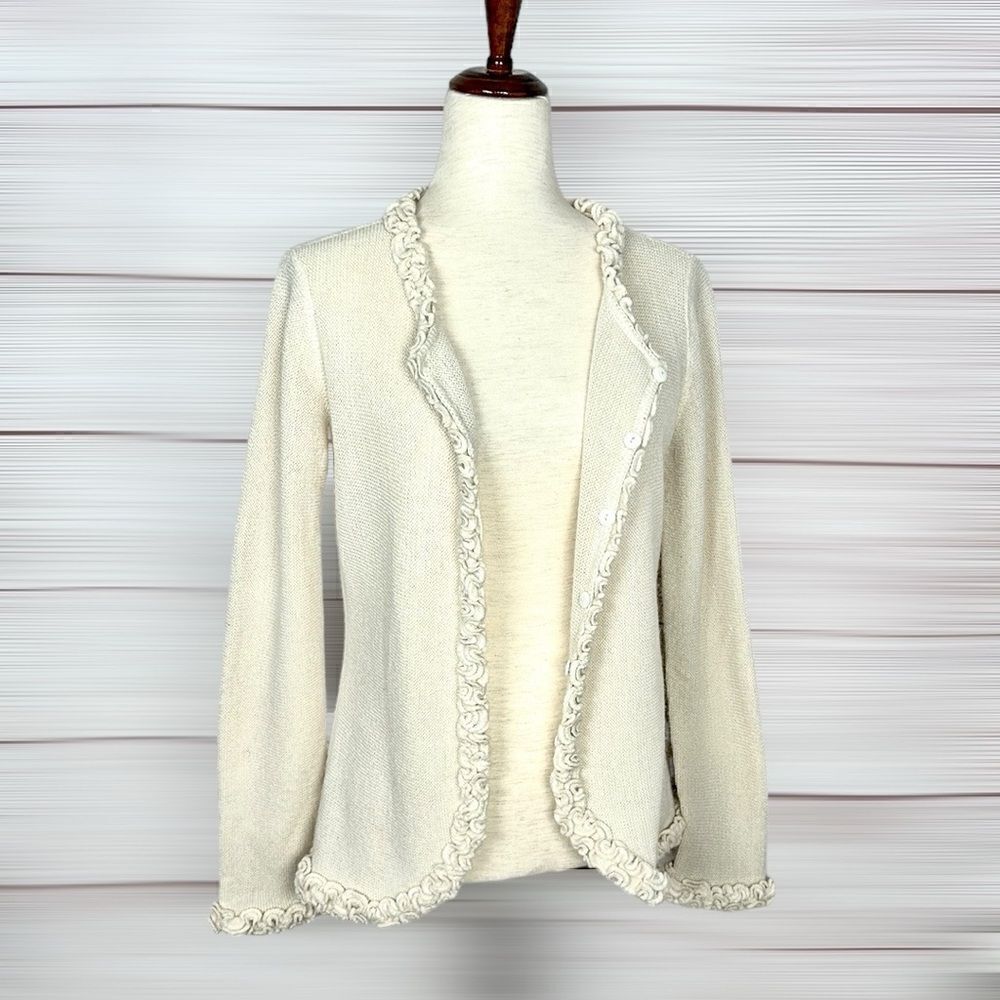 All Alpaca Ivory Cardigan Sweater Ruffle Details Hidden Button Closure M-L - Picture 3 of 14